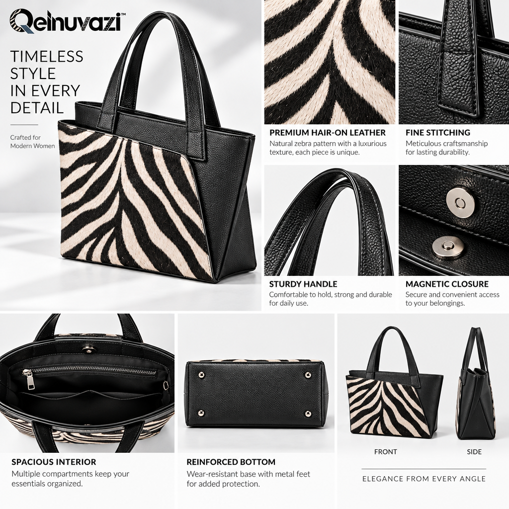 Qelnuvazi™ Zebra Panel Leather Tote