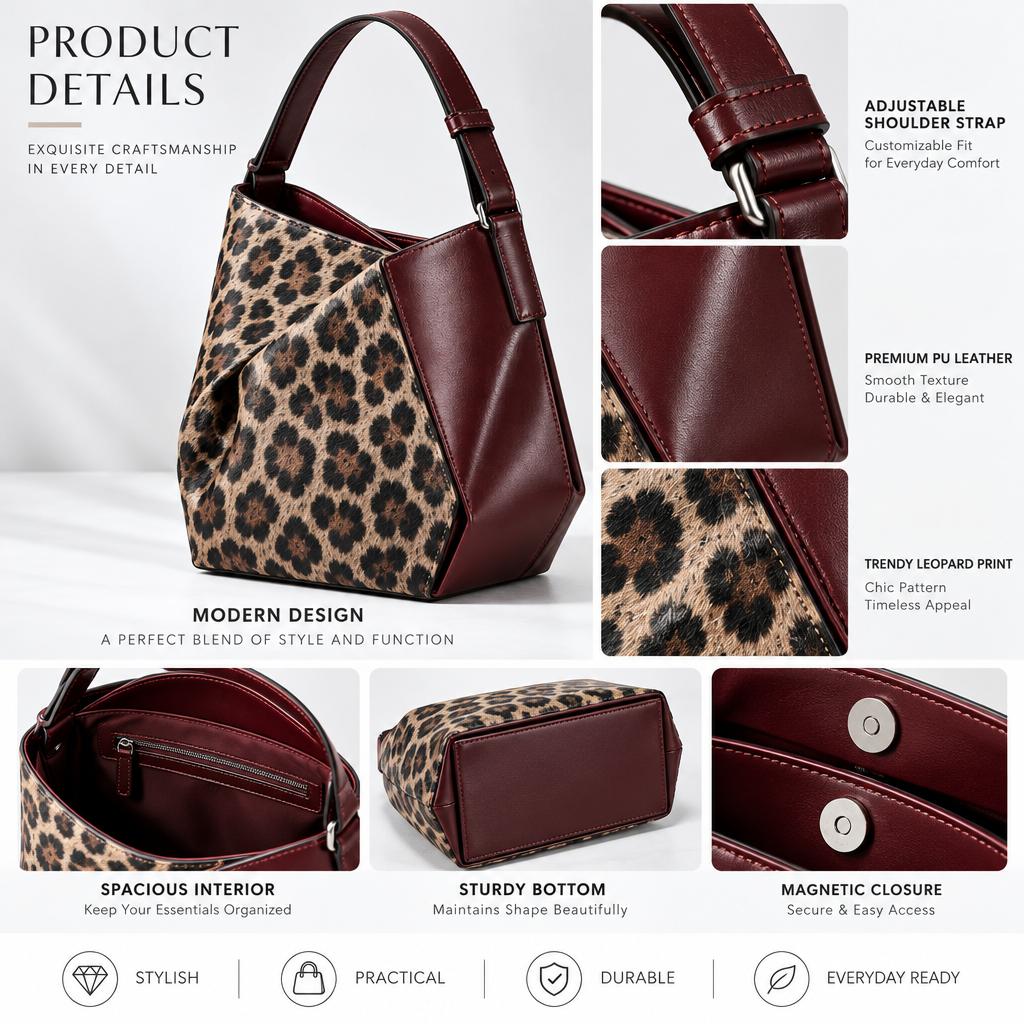 Qelnuvazi™ Oxblood Leopard Leather Shoulder Bag