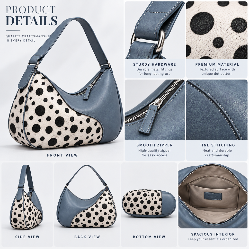 Qelnuvazi™ Slate Polka Leather Hobo Bag