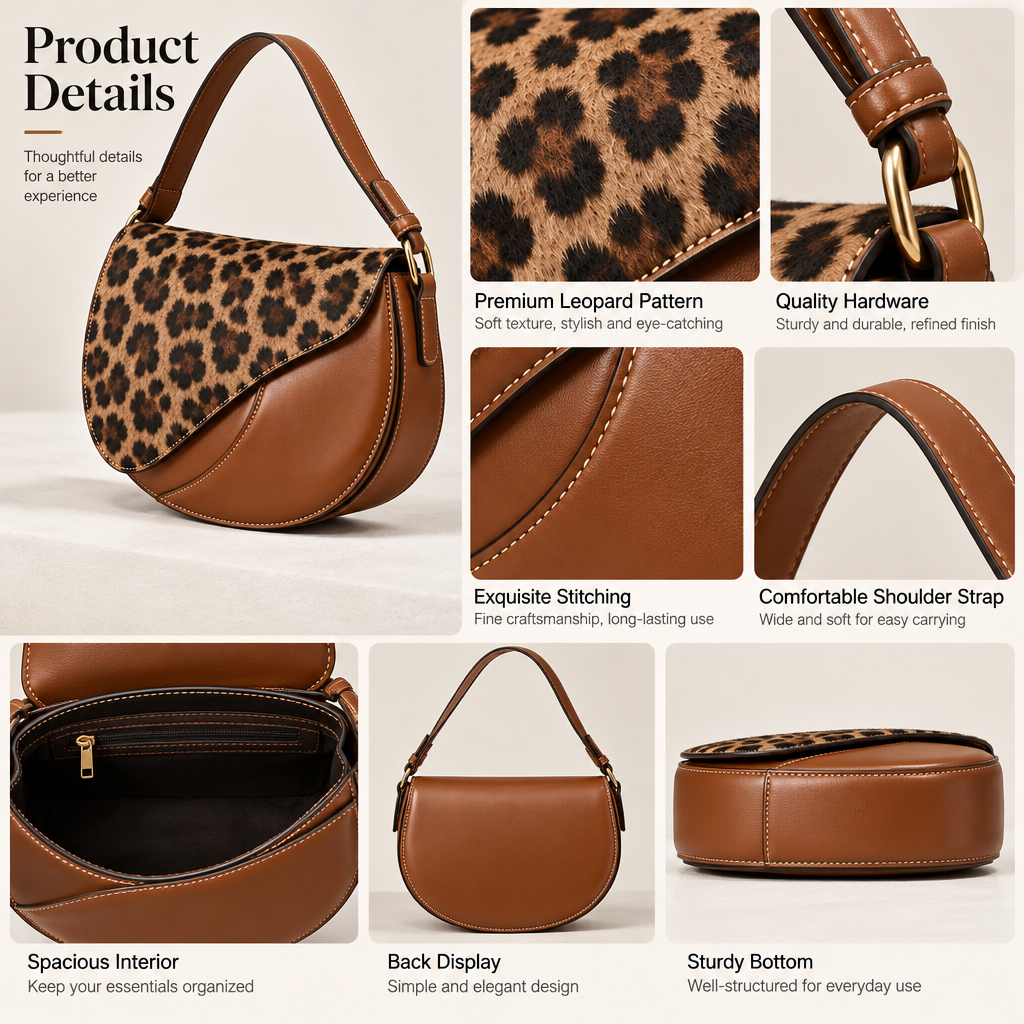 Qelnuvazi™ Cognac Leopard Saddle Bag