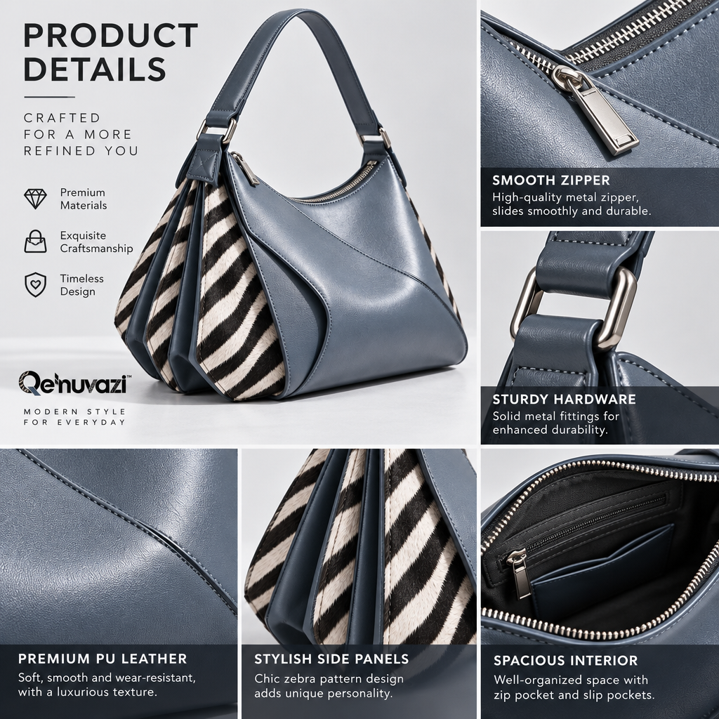 Qelnuvazi™ Slate Zebra Fold Leather Bag