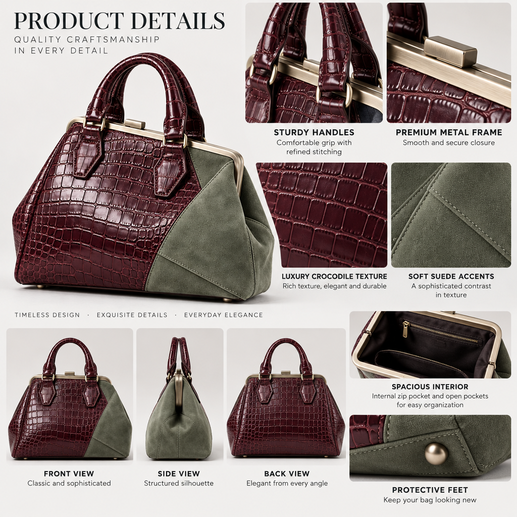 Qelnuvazi™ Burgundy Croc-Embossed Frame Bag