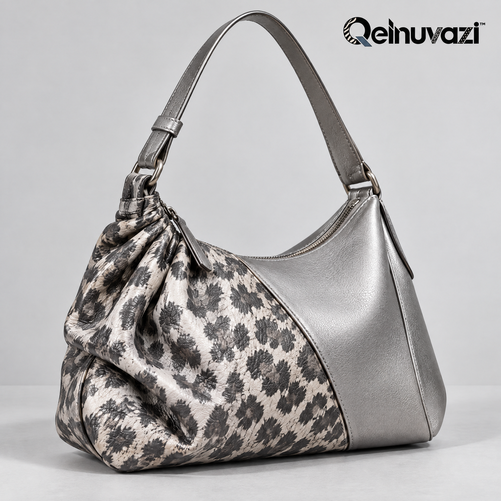 Qelnuvazi™ Silver Leopard Gathered Shoulder Bag