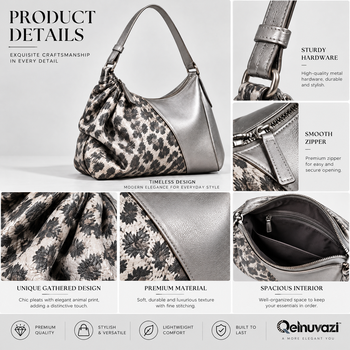 Qelnuvazi™ Silver Leopard Gathered Shoulder Bag