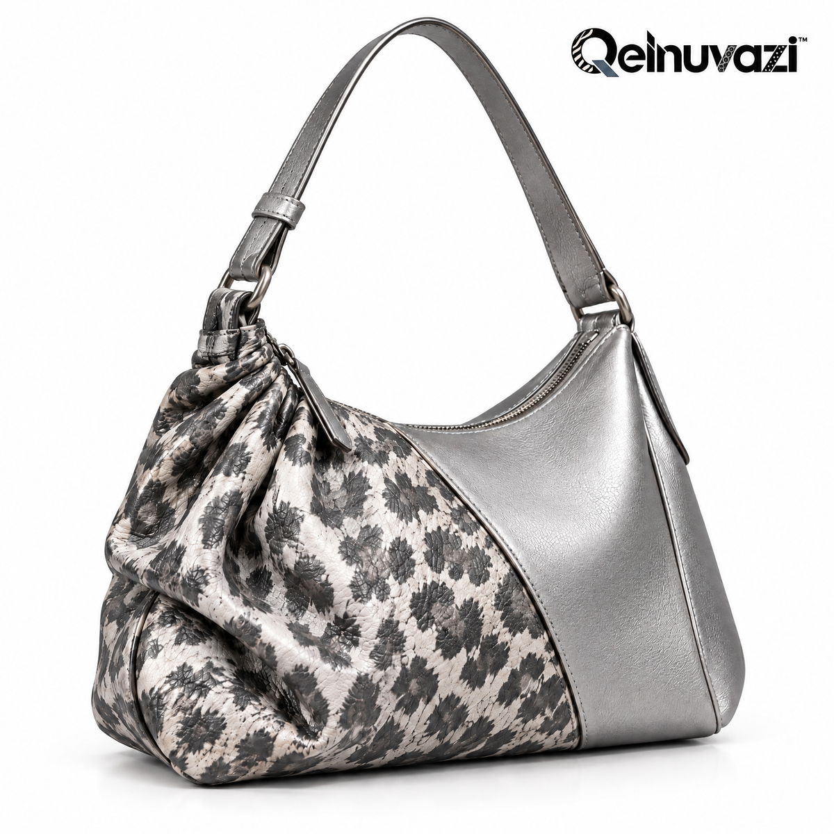 Qelnuvazi™ Silver Leopard Gathered Shoulder Bag
