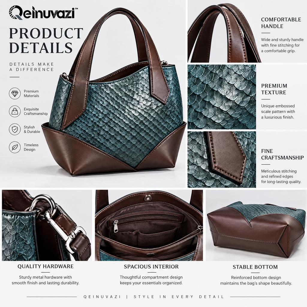 Qelnuvazi™ Teal Scale-Embossed Leather Tote
