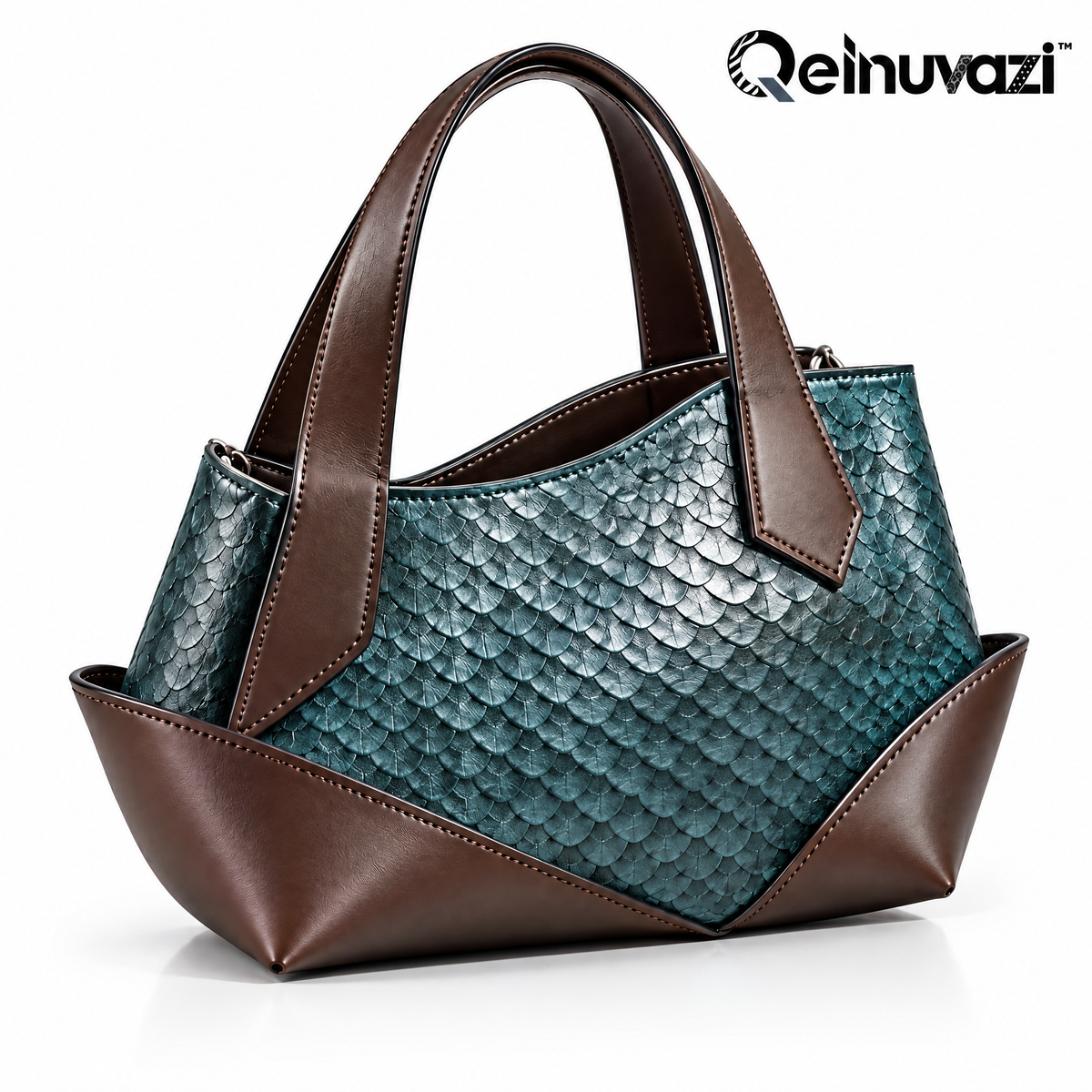 Qelnuvazi™ Teal Scale-Embossed Leather Tote