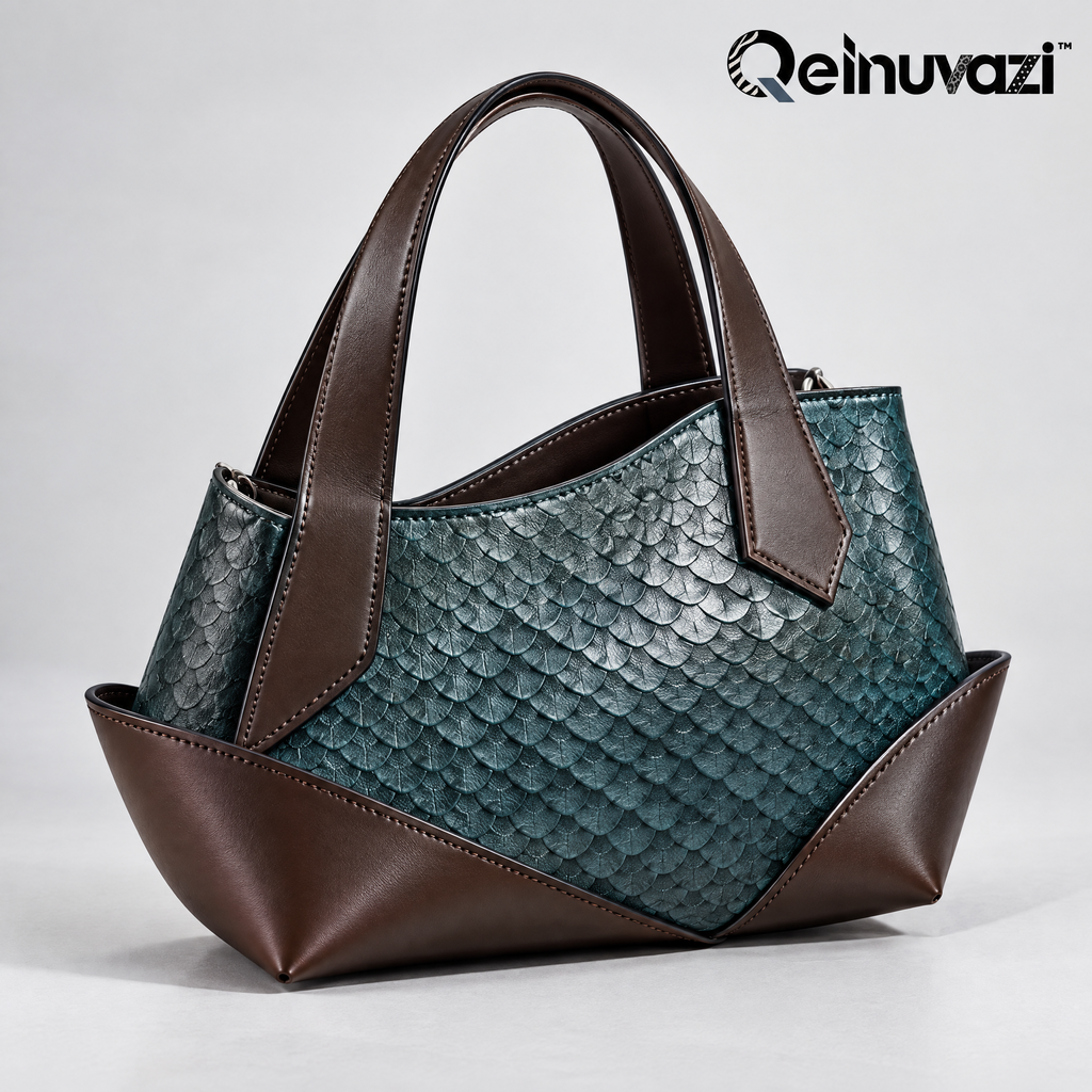 Qelnuvazi™ Teal Scale-Embossed Leather Tote