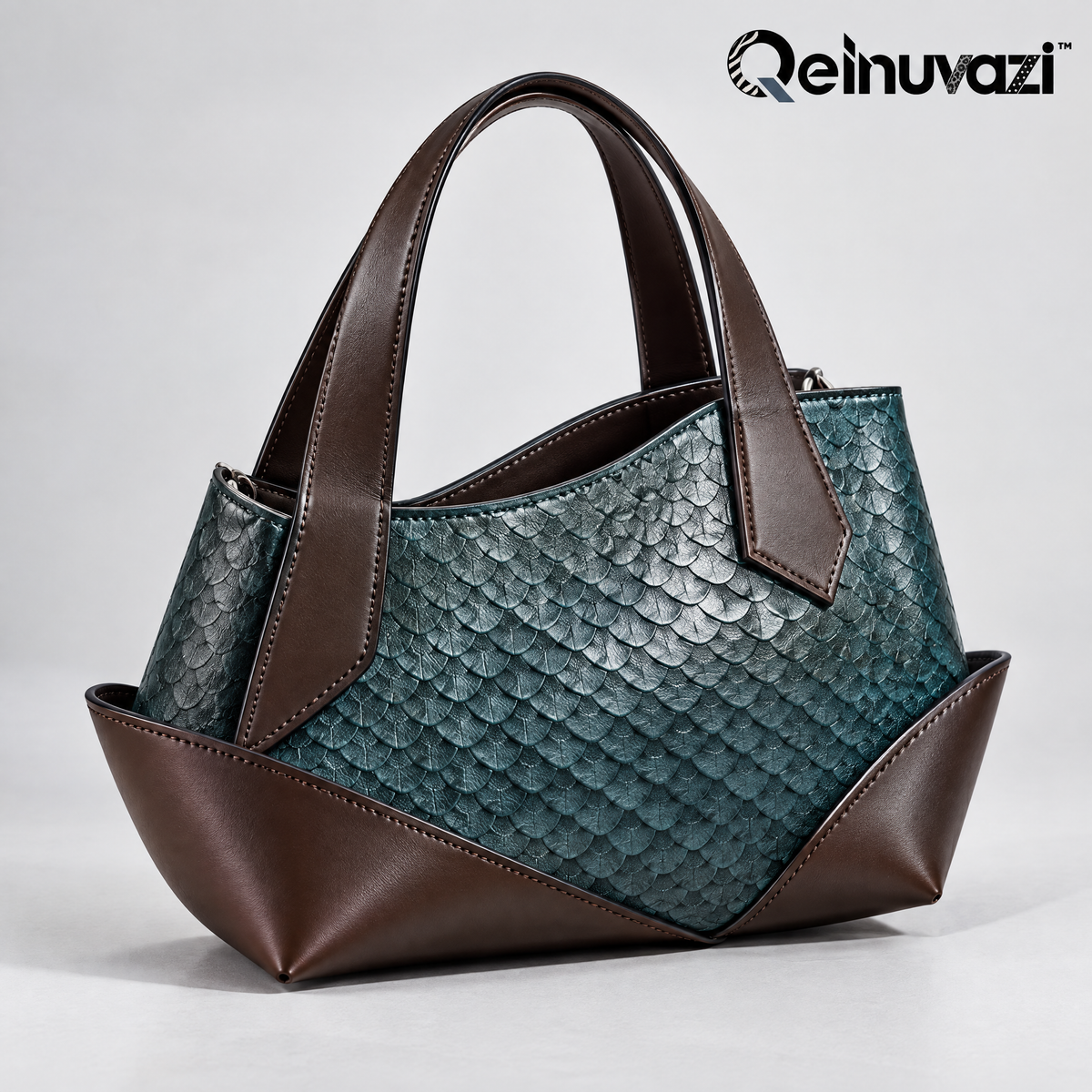 Qelnuvazi™ Teal Scale-Embossed Leather Tote